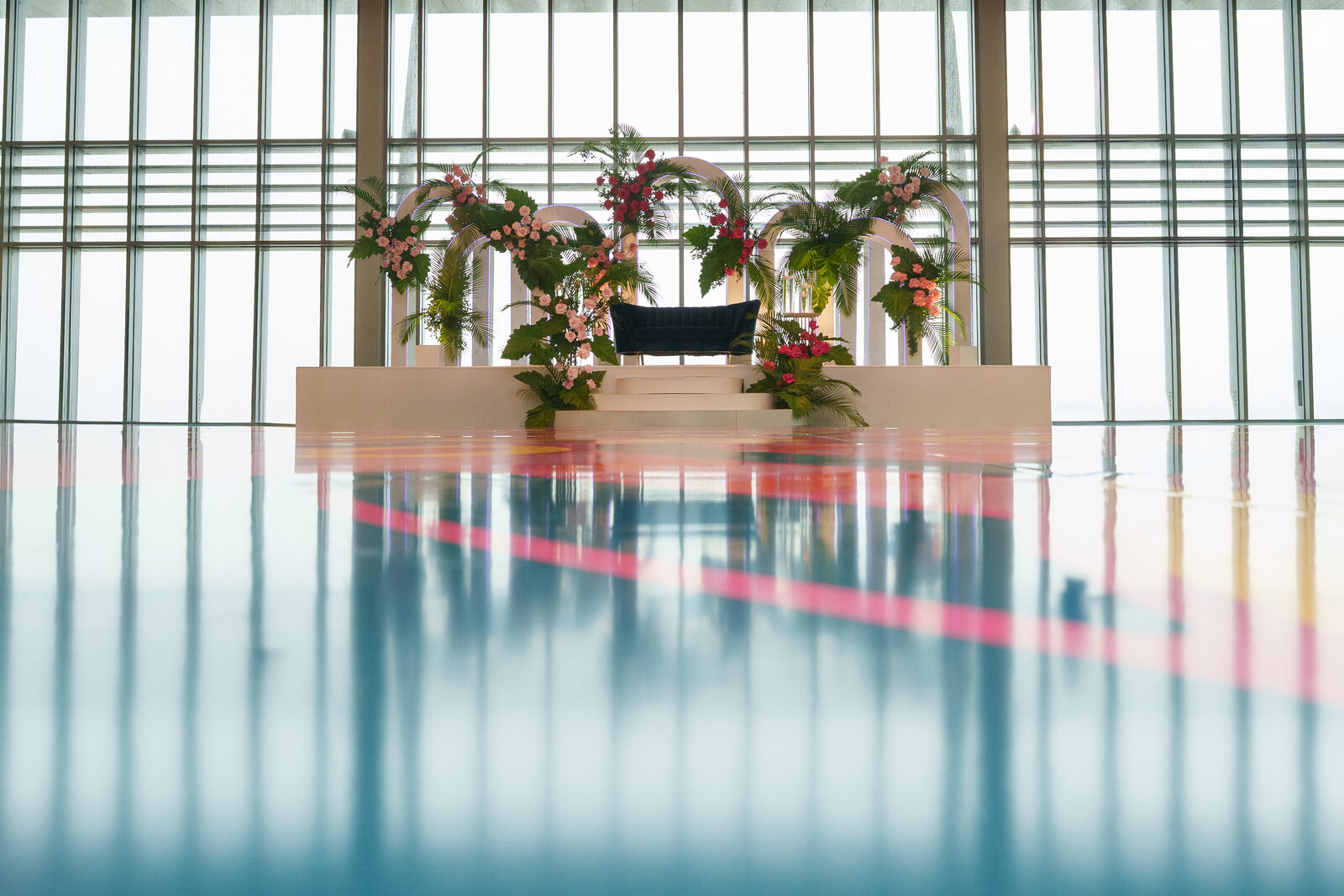 Floral installation at a wedding ceremony